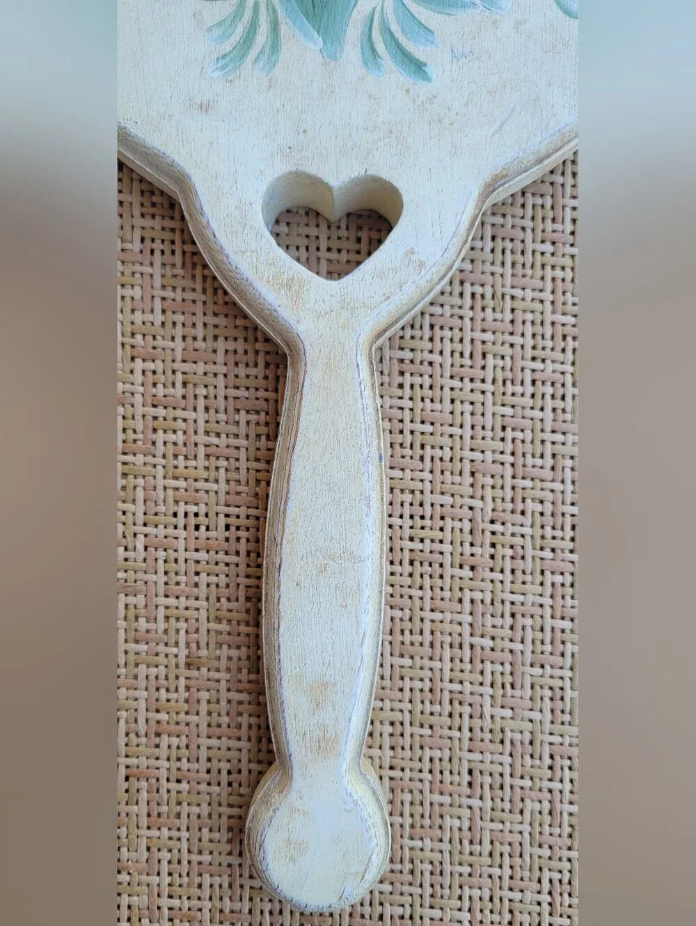 Vintage Hand Painted Floral Heart Handle Wooden Mirror